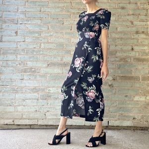 Vintage Floral Midi 90s Black Smocked Rose Straight Maxi Modest All That Jazz
